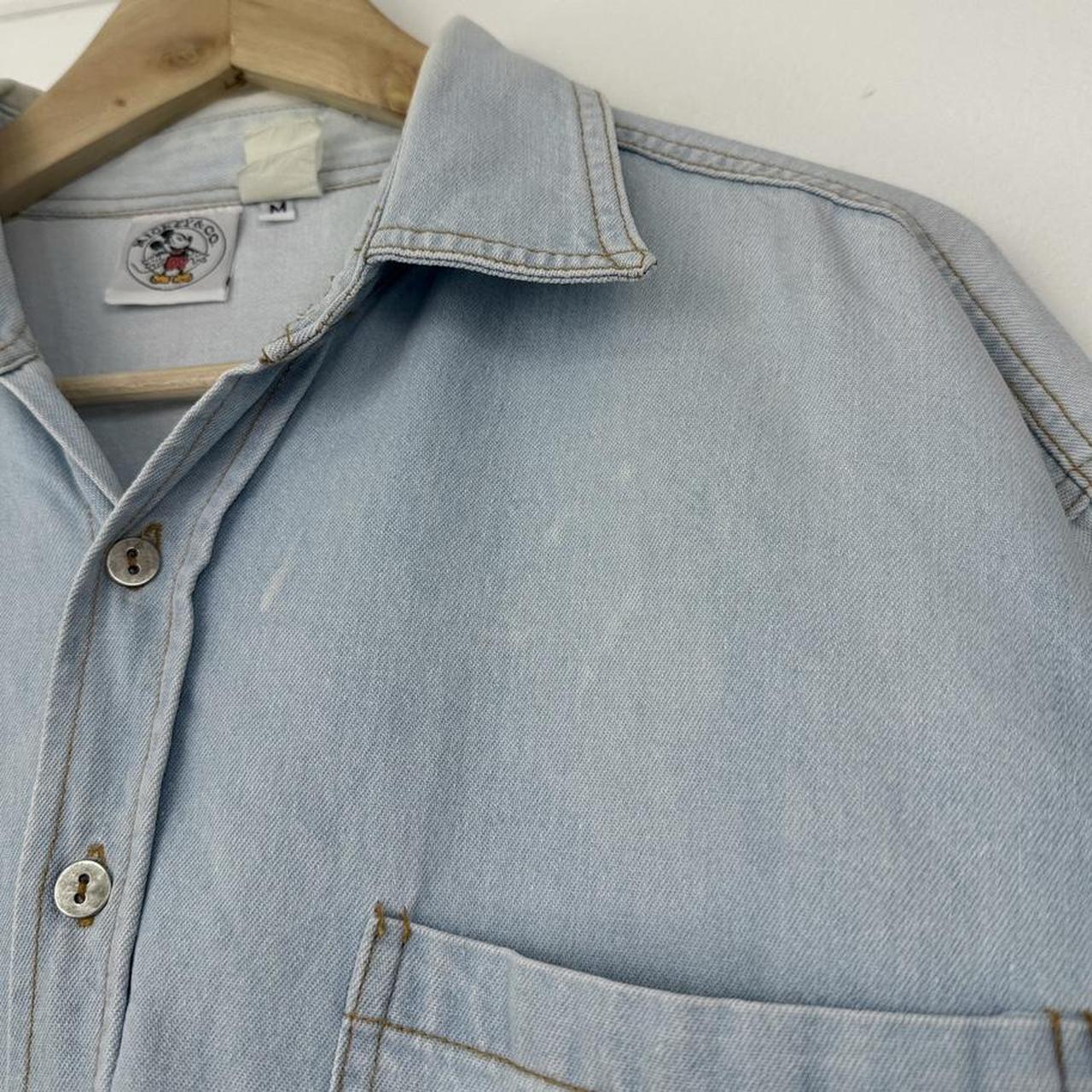 Vintage 90s Mickey Mouse Embroidered Distressed Blue Denim Shirt (M)