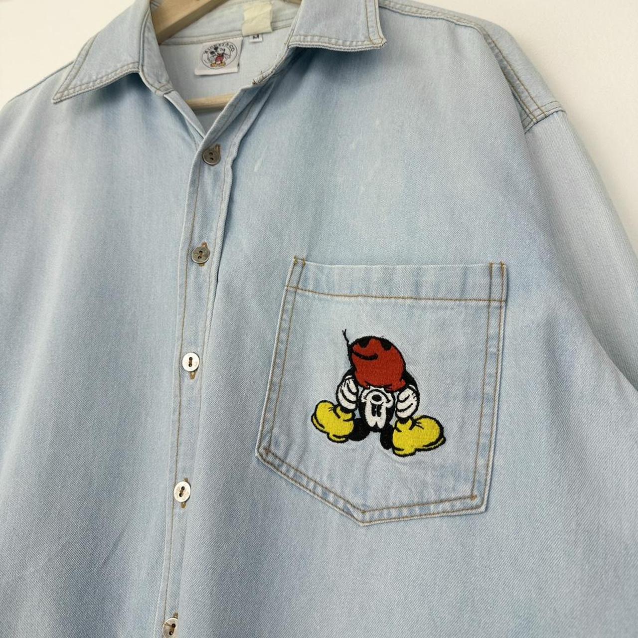Vintage 90s Mickey Mouse Embroidered Distressed Blue Denim Shirt (M)