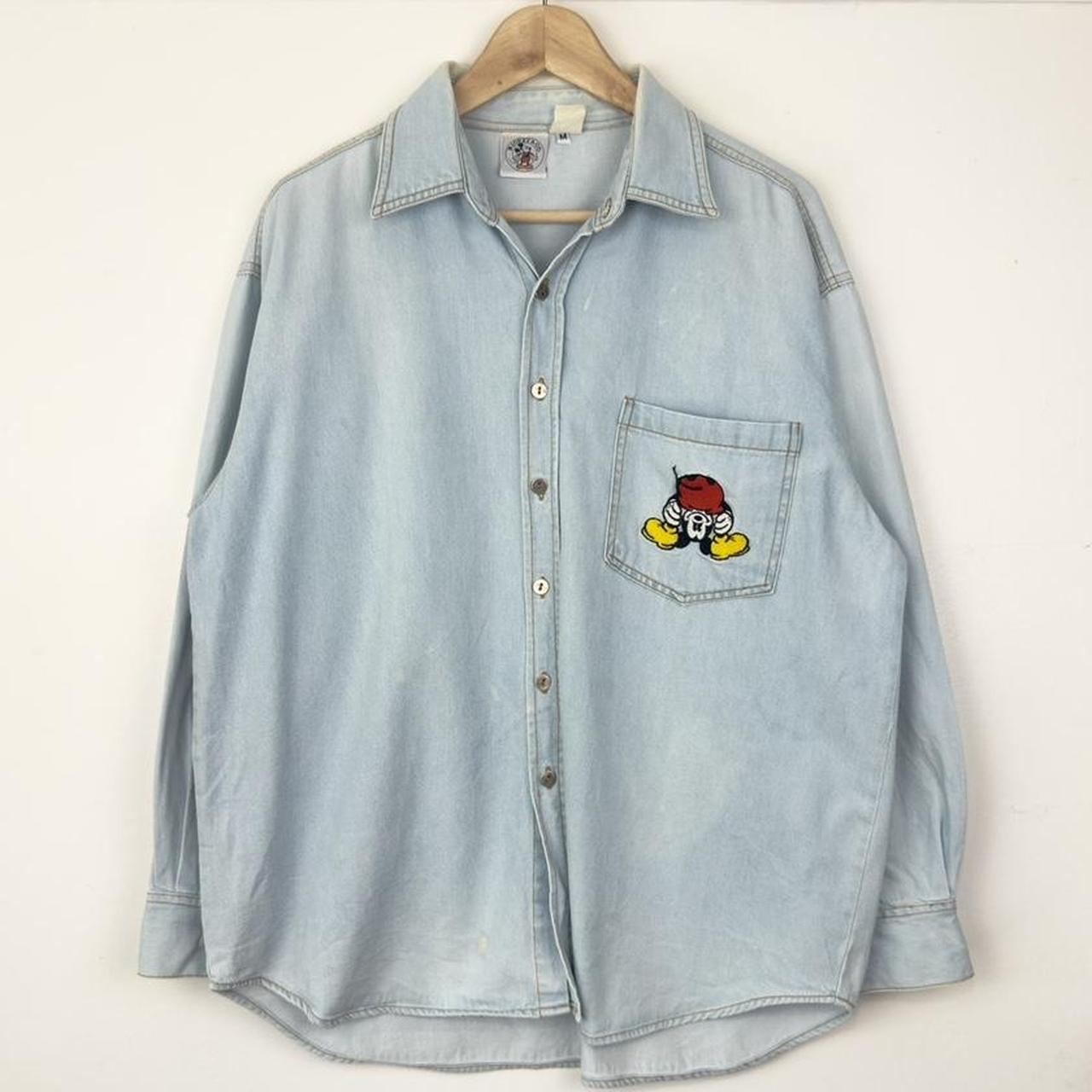 Vintage 90s Mickey Mouse Embroidered Distressed Blue Denim Shirt (M)