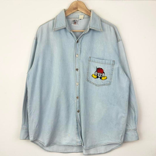 Vintage 90s Mickey Mouse Embroidered Distressed Blue Denim Shirt (M)