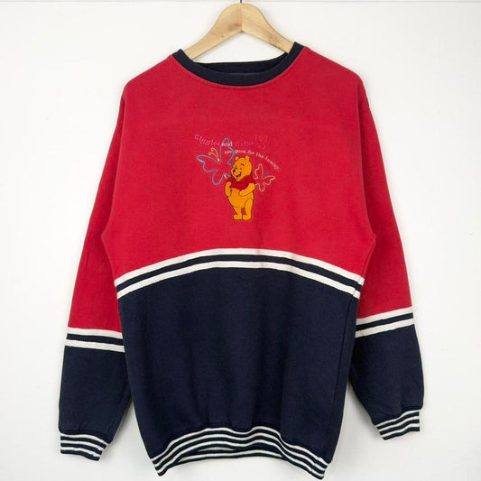 Vintage 90s Winnie the Pooh Giggles and Grins Embroidered Colour Block Sweatshirt (M)
