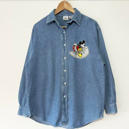 Vintage Dancing Mickey & Friends Embroidered 90s Denim Shirt (M)