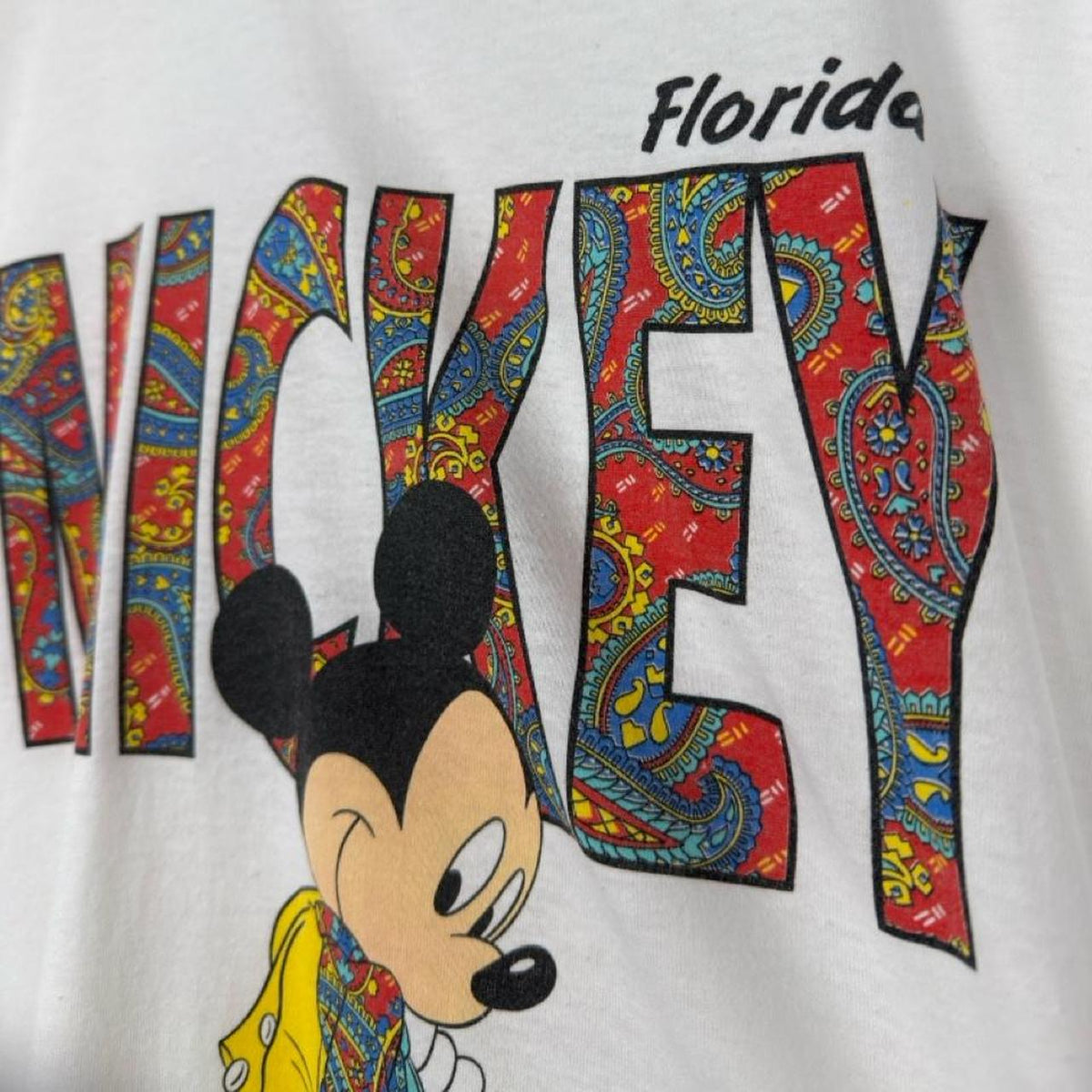 Vintage 90s Mickey Florida Paisley Spell Out White T Shirt (M/L)