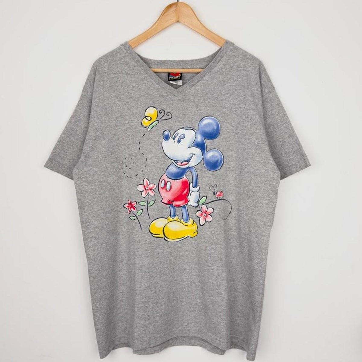 Vintage 90s Mickey Mouse Flowers & Butterflies Grey V Neck T Shirt (L)