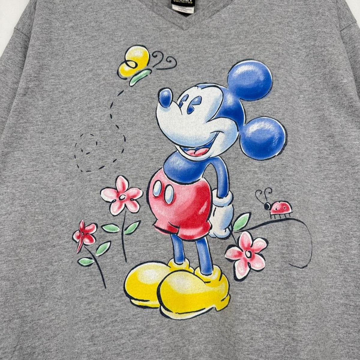 Vintage 90s Mickey Mouse Flowers & Butterflies Grey V Neck T Shirt (L)