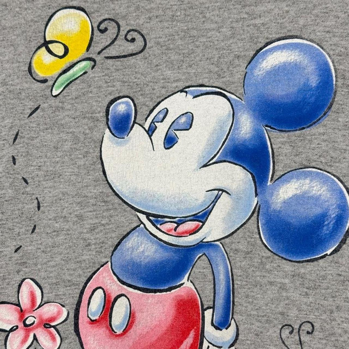 Vintage 90s Mickey Mouse Flowers & Butterflies Grey V Neck T Shirt (L)