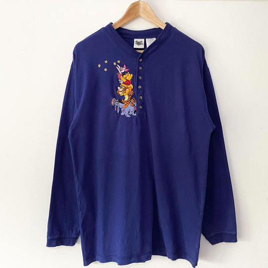 Vintage Pooh & Friends Embroidered Stars Henley Long Sleeve (L)