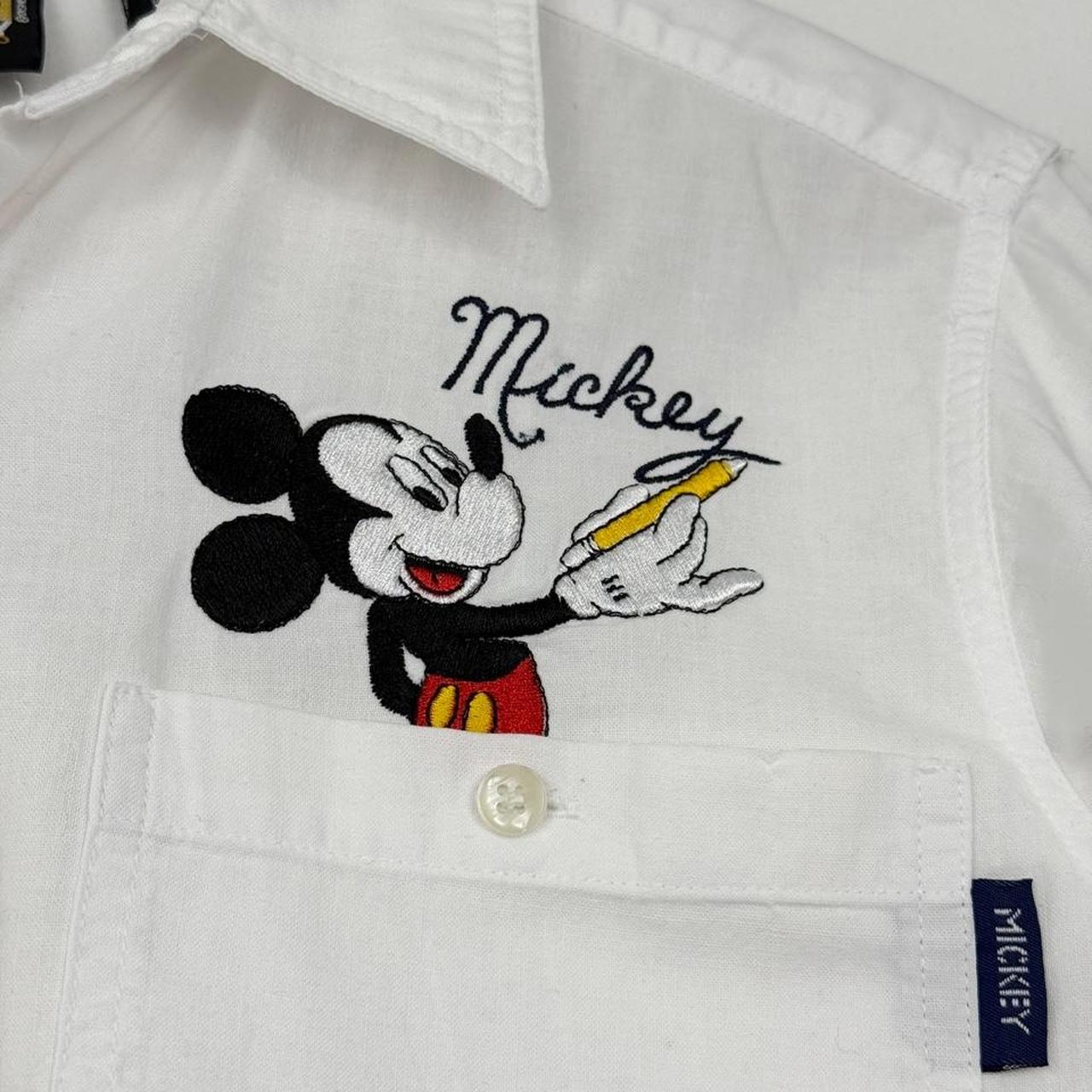 Vintage 90s Mickey Drawing Embroidered White Button Up Shirt (S)