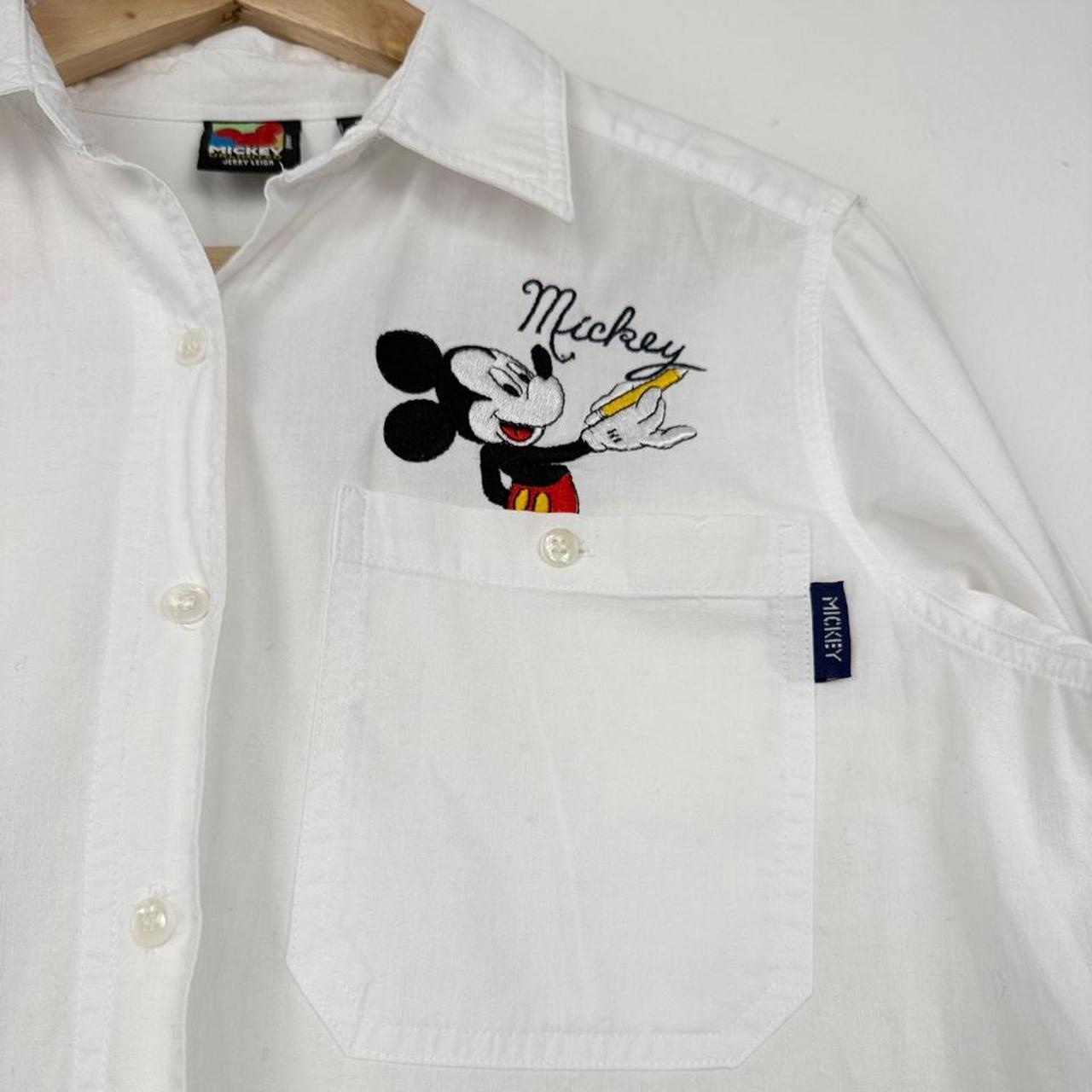 Vintage 90s Mickey Drawing Embroidered White Button Up Shirt (S)