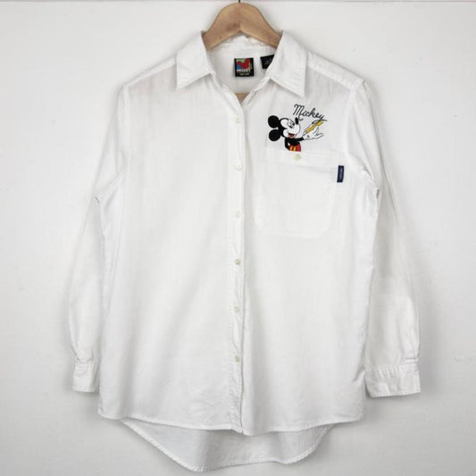 Vintage 90s Mickey Drawing Embroidered White Button Up Shirt (S)