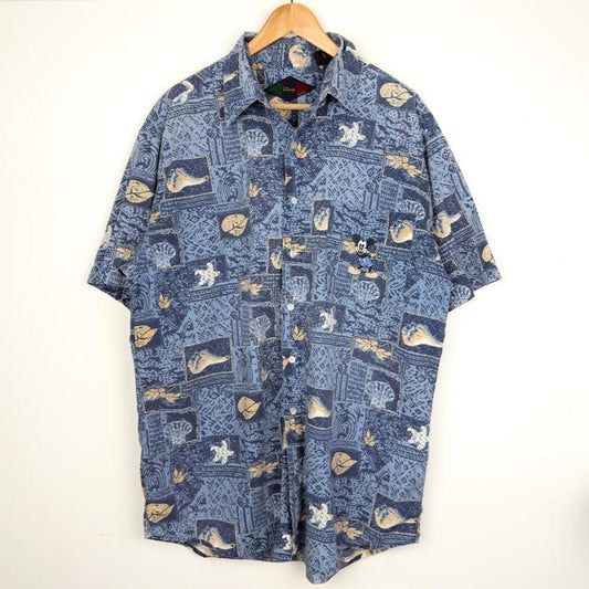 Vintage 90s Mickey Mouse Seashells Blue Button Up Shirt (L)