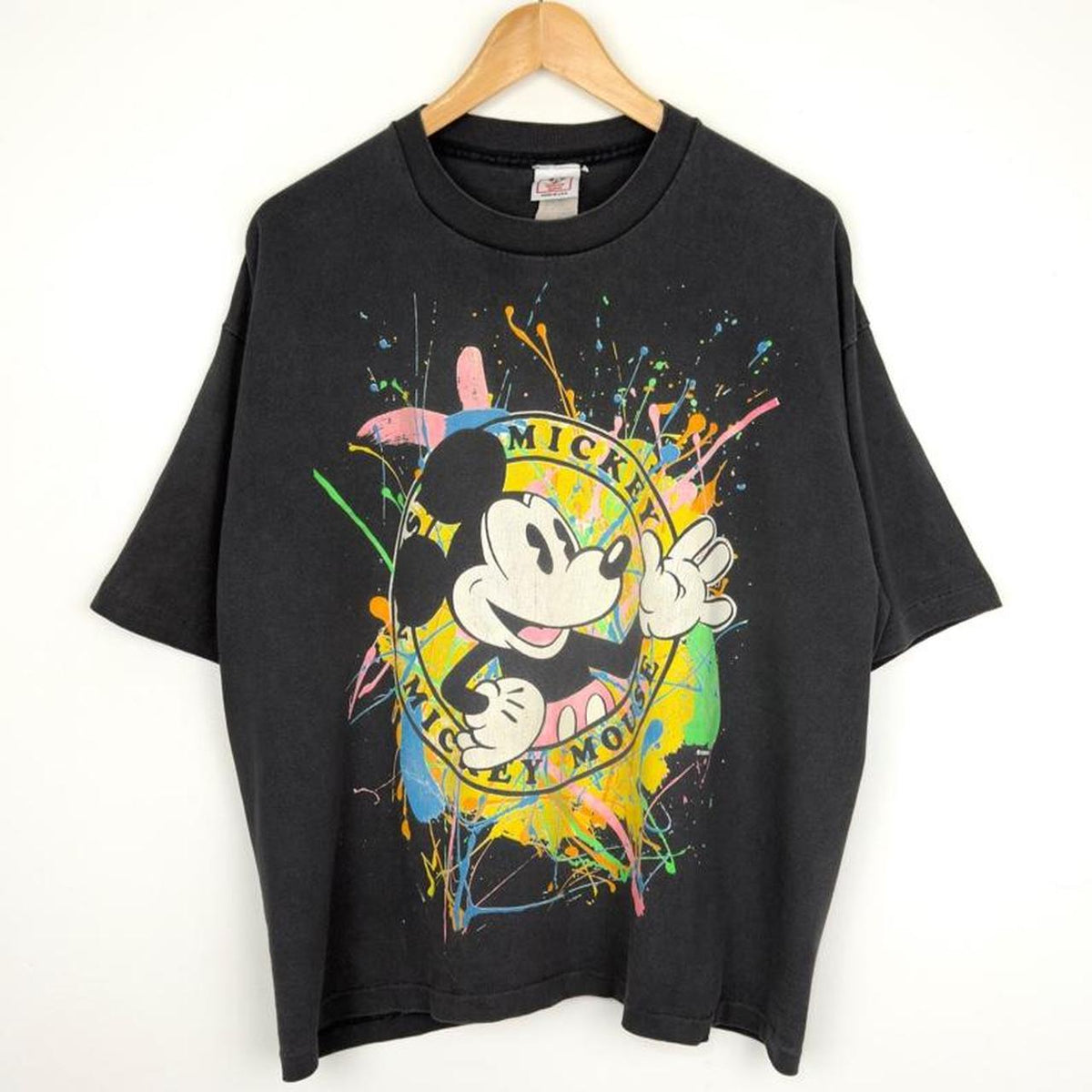 Vintage 90s Mickey Mouse Paint Splat Black T Shirt (Boxy L, See Measurements)