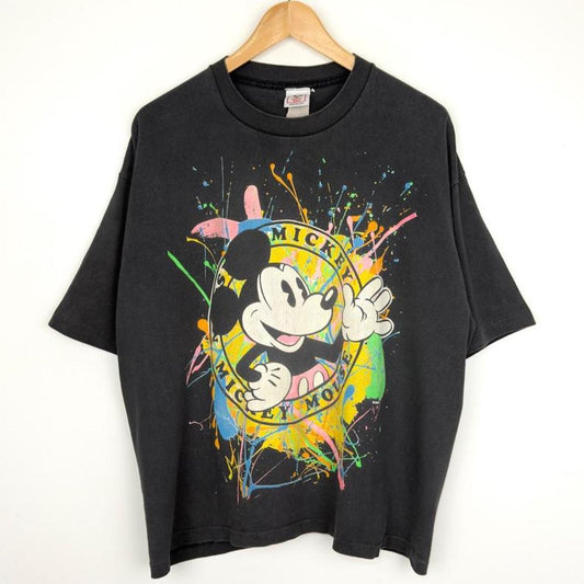 Vintage 90s Mickey Mouse Paint Splat Black T Shirt (Boxy L, See Measurements)