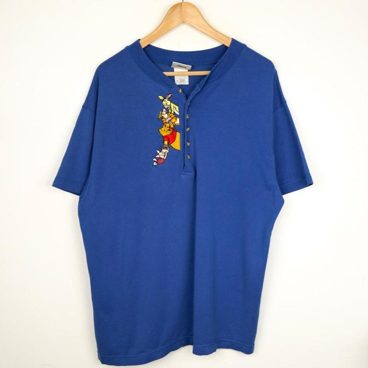 Vintage 90s Pooh & Friends Embroidered Henley Blue T Shirt (L)