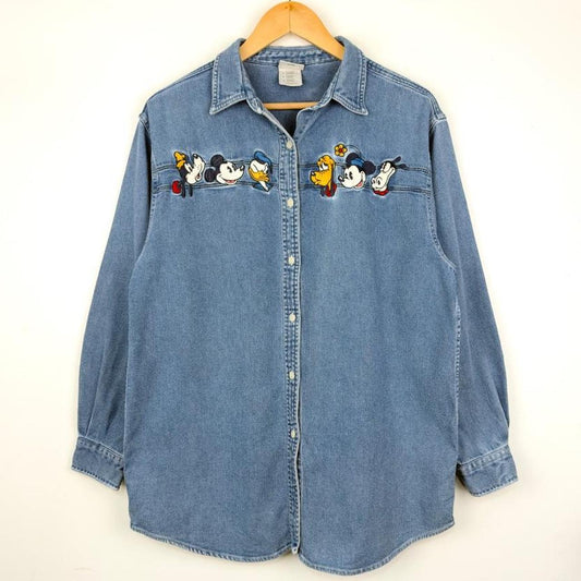 Vintage 00s Mickey & Friends Embroidered Denim Blue Shirt (M)