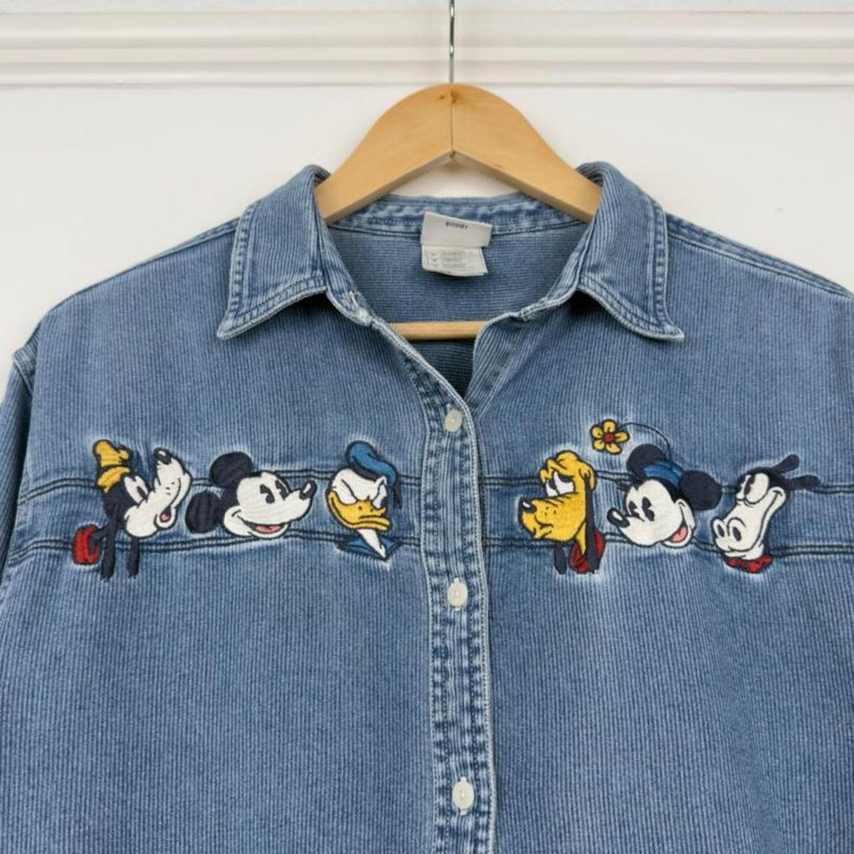 Vintage 00s Mickey & Friends Embroidered Denim Blue Shirt (M)
