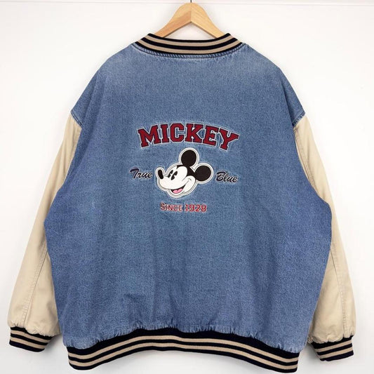 Vintage 00s Mickey Mouse Embroidered Denim Varsity Bomber Jacket (XXL)