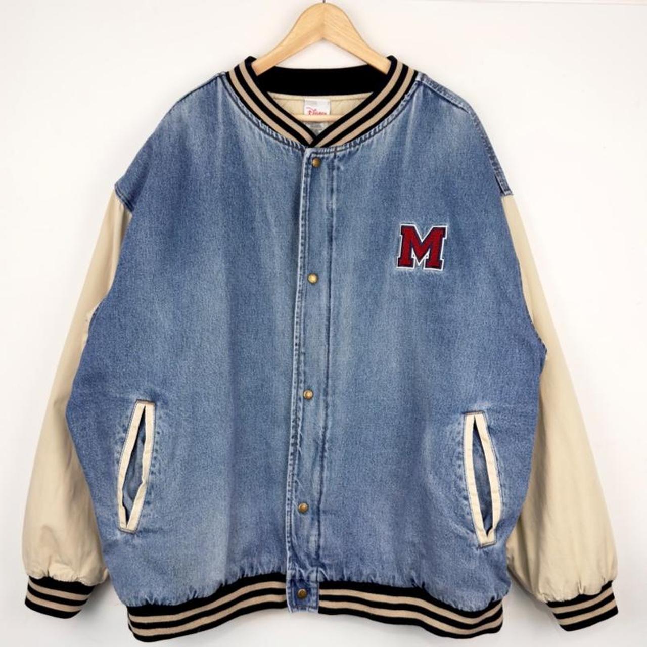 Vintage 00s Mickey Mouse Embroidered Denim Varsity Bomber Jacket (XXL)