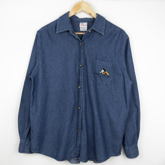 Vintage 00s Mickey Mouse Embroidered Denim Shirt (Women's XL)