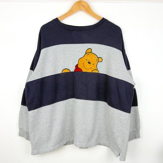 Vintage 00s Winnie the Pooh Striped Navy Grey Sweatshirt (XL)