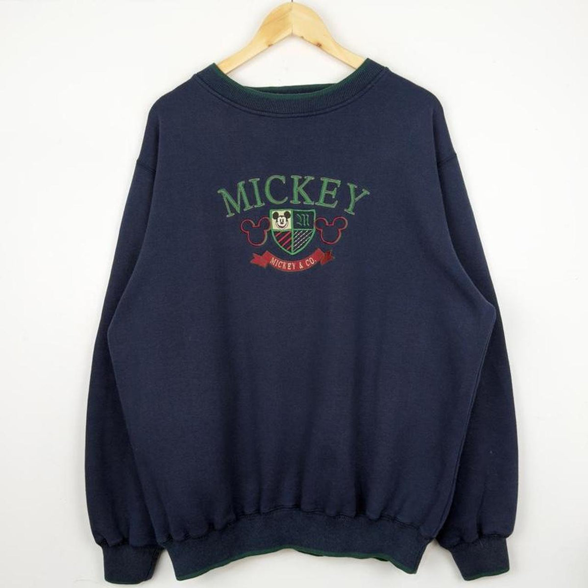 Vintage 90s Mickey Mouse Crest Embroidered Navy Sweatshirt (XL)