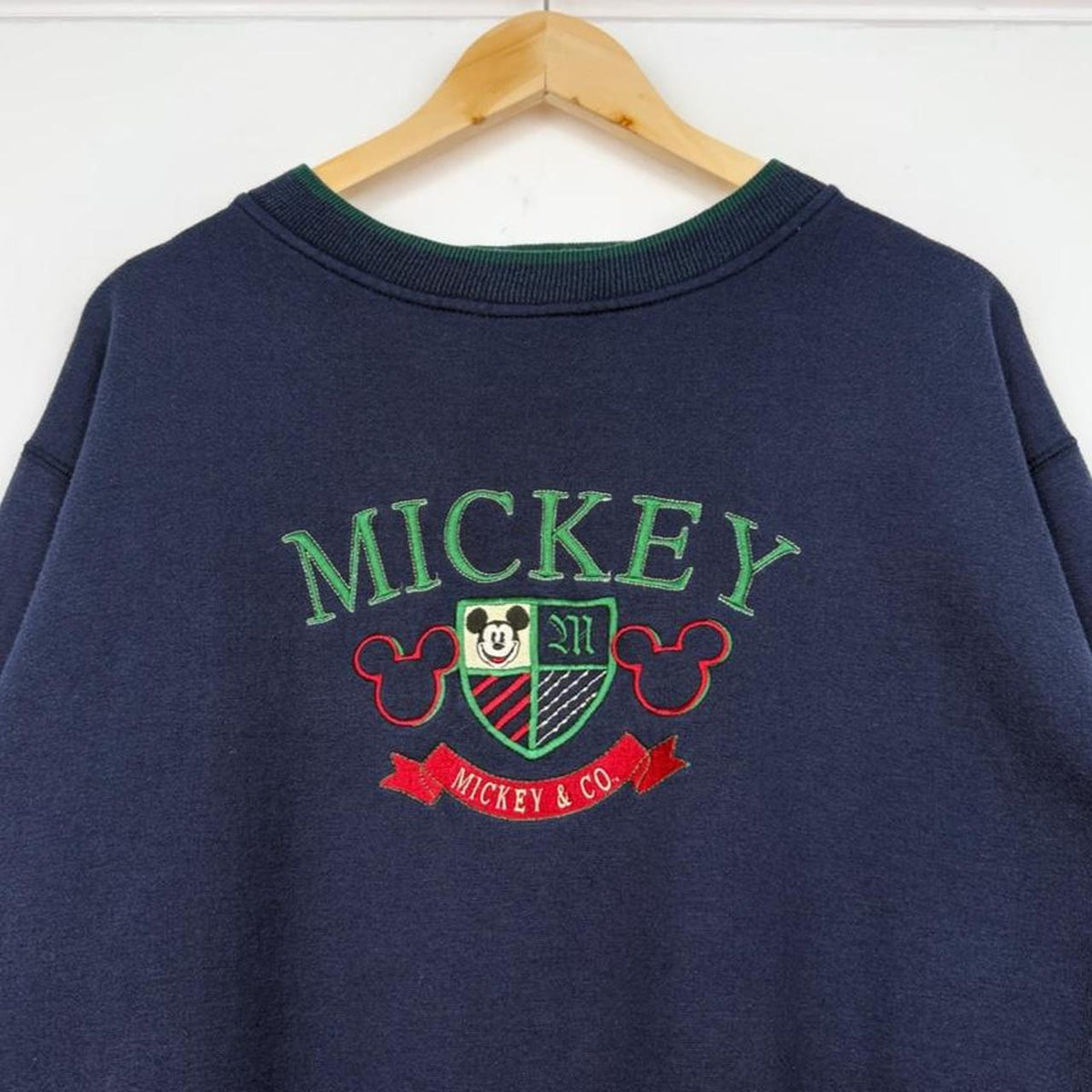 Vintage 90s Mickey Mouse Crest Embroidered Navy Sweatshirt (XL)