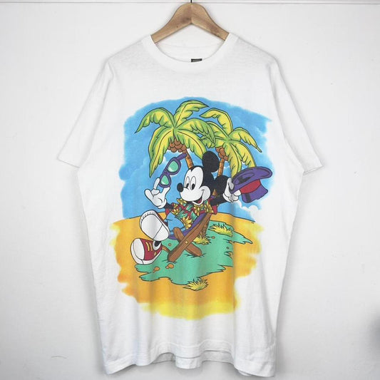 Vintage 90s Mickey Mouse Summer Island White T Shirt (XL)