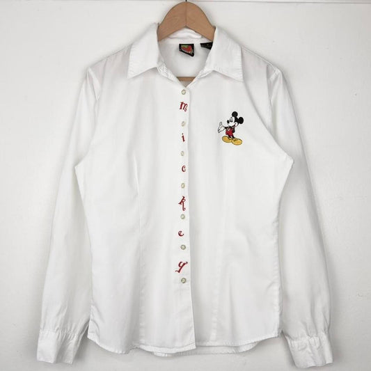 Vintage Mickey Mouse Spell Out 90s Button Up Shirt (Women's M)