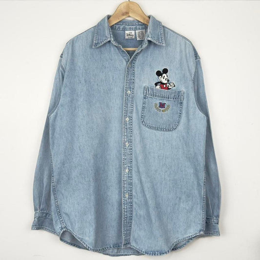 Vintage 90s Mickey Mouse Embroidered The Disney Store Blue Denim Shirt (M)