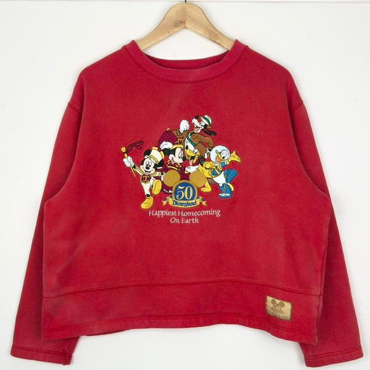 Vintage 2005 Mickey & Friends Disneyland 50th Anniversary Embroidered Cropped Red Sweatshirt (L)