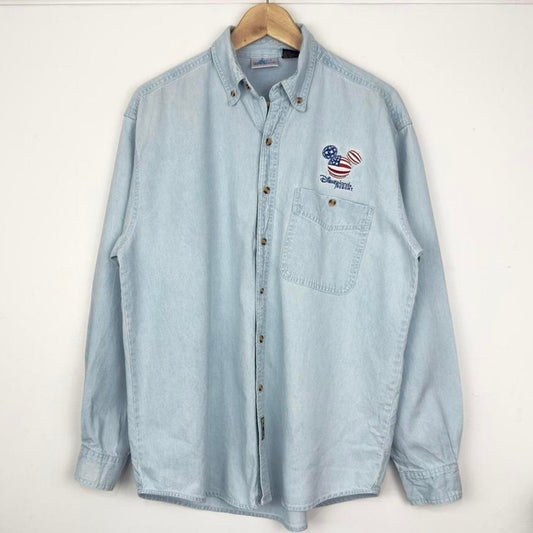 Vintage 00s Disneyland Resort USA Mickey Embroidered Blue Denim Shirt (S)