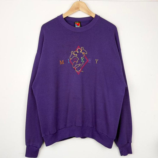 Vintage 90s Mickey Mouse Embroidered Distressed Purple Sweatshirt (L)