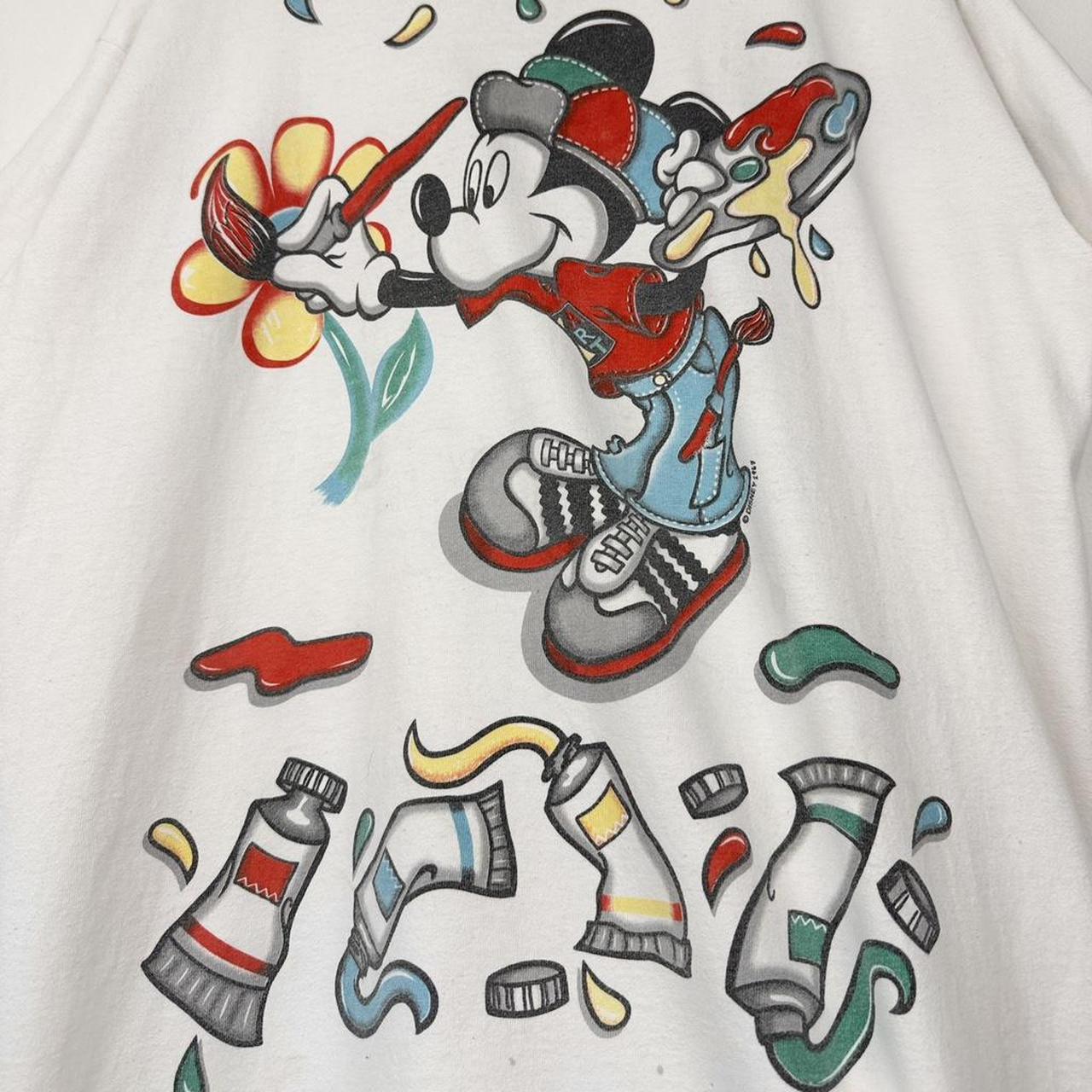 Vintage 90s Mickey Mouse Painting Flowers White T Shirt (L/XL)