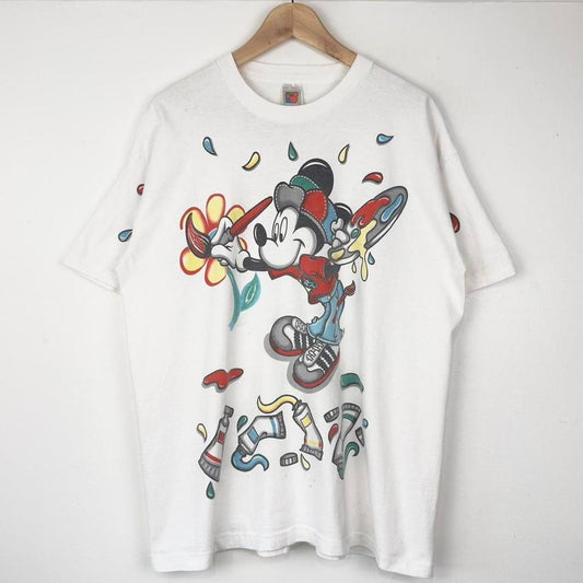 Vintage 90s Mickey Mouse Painting Flowers White T Shirt (L/XL)