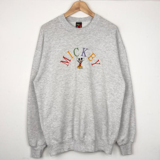 Vintage 90s Mickey Mouse Spell Out Embroidered Grey Sweatshirt (L)