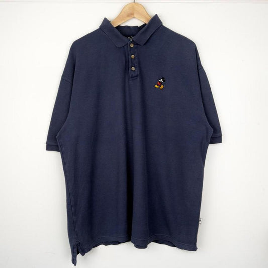 Vintage 00s Mickey Mouse Embroidered Emblem Navy Blue Polo Shirt (XL)