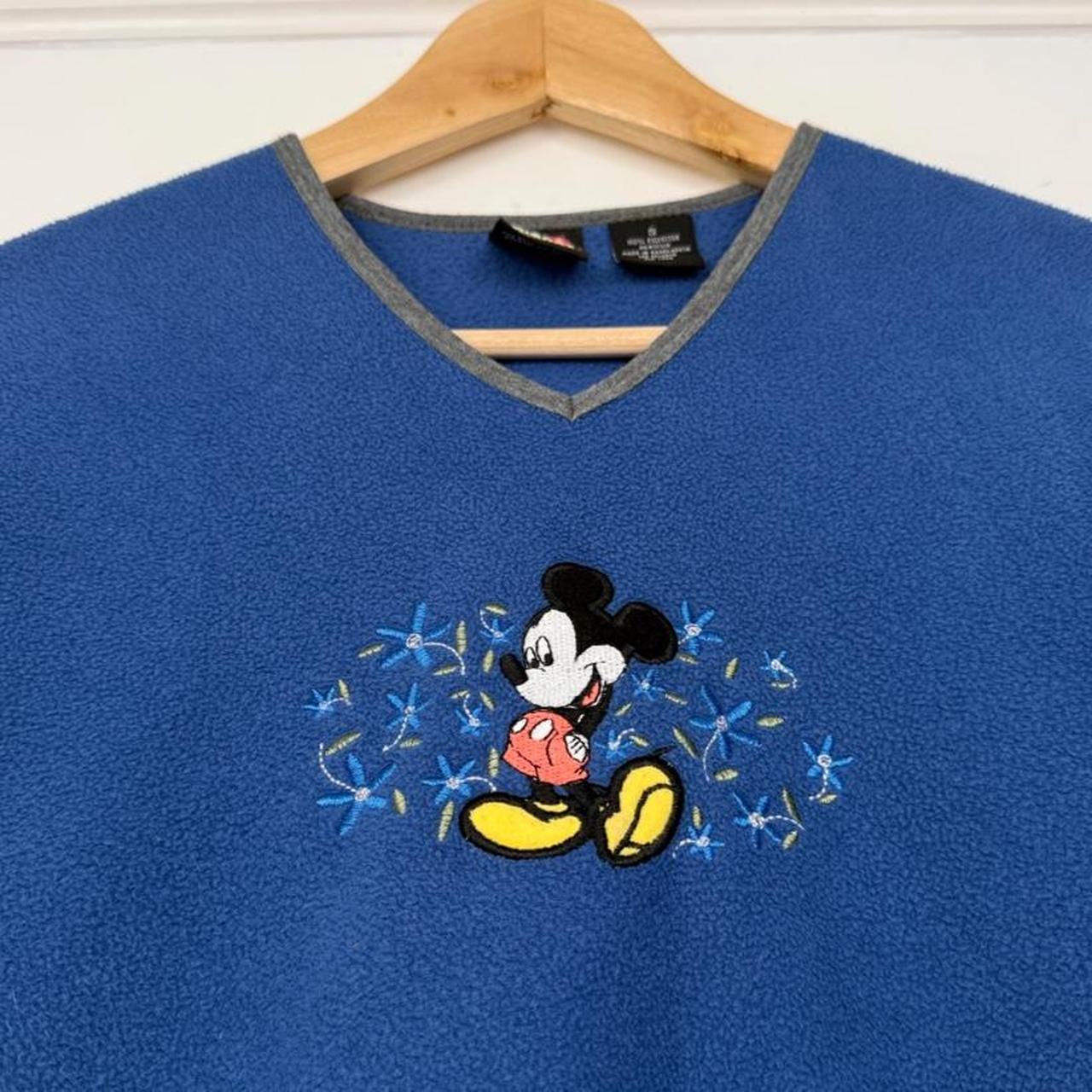 Vintage 90s Mickey Mouse Flowers Blue Fleece V Neck Sweatshirt (S)