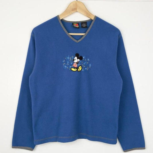 Vintage 90s Mickey Mouse Flowers Blue Fleece V Neck Sweatshirt (S)