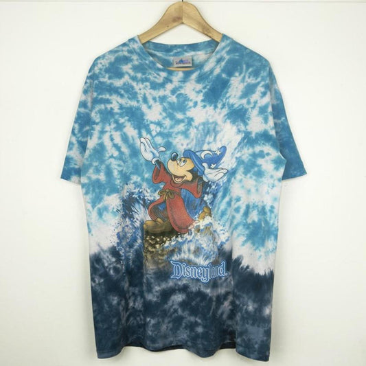 Vintage 00s Disneyland Sorcerer Mickey Fantasia Tie Dye Blue T Shirt (L)