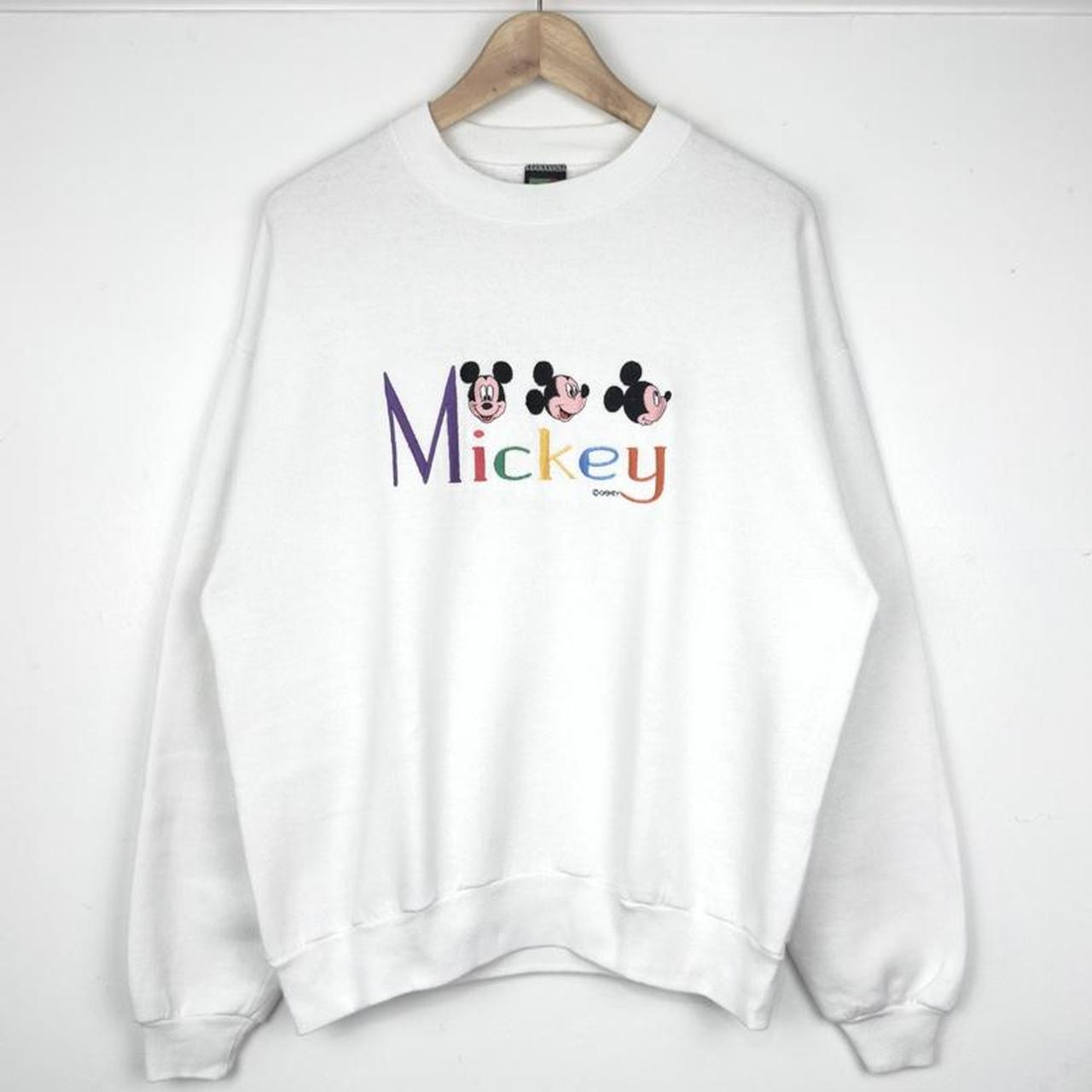 Vintage 90s Mickey Embroidered Spell Out White Sweatshirt (M)