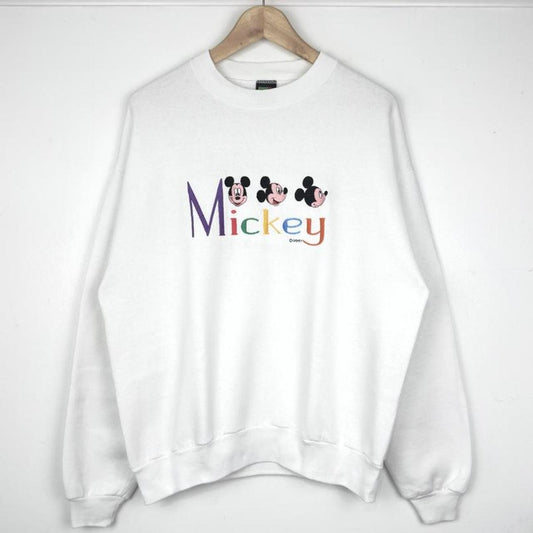 Vintage 90s Mickey Embroidered Spell Out White Sweatshirt (M)
