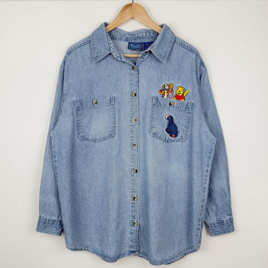 Vintage 90s Winnie the Pooh & Friends Embroidered Blue Denim Shirt (L)