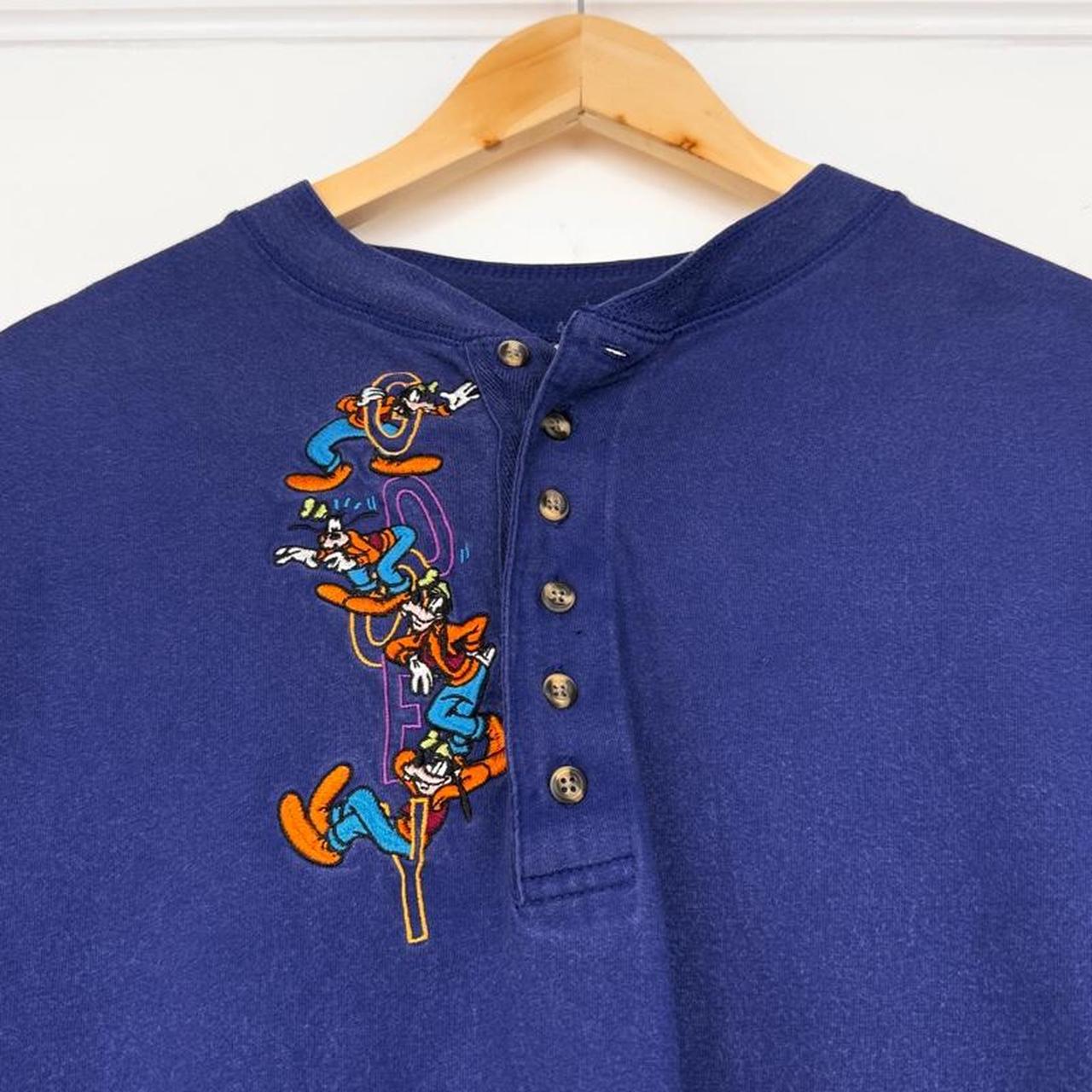 Vintage 90s Goofy Embroidered Blue Henley Long Sleeve (L)