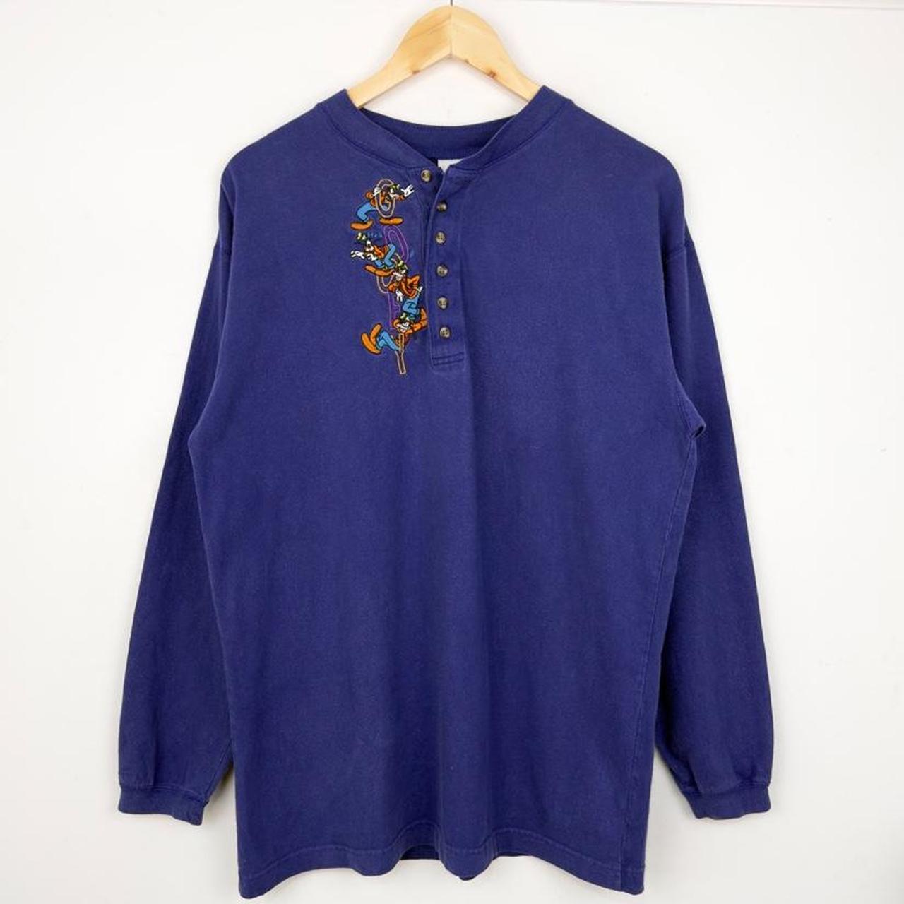 Vintage 90s Goofy Embroidered Blue Henley Long Sleeve (L)