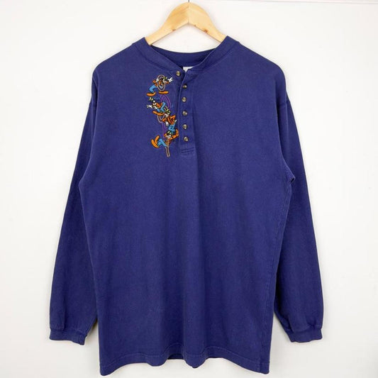 Vintage 90s Goofy Embroidered Blue Henley Long Sleeve (L)